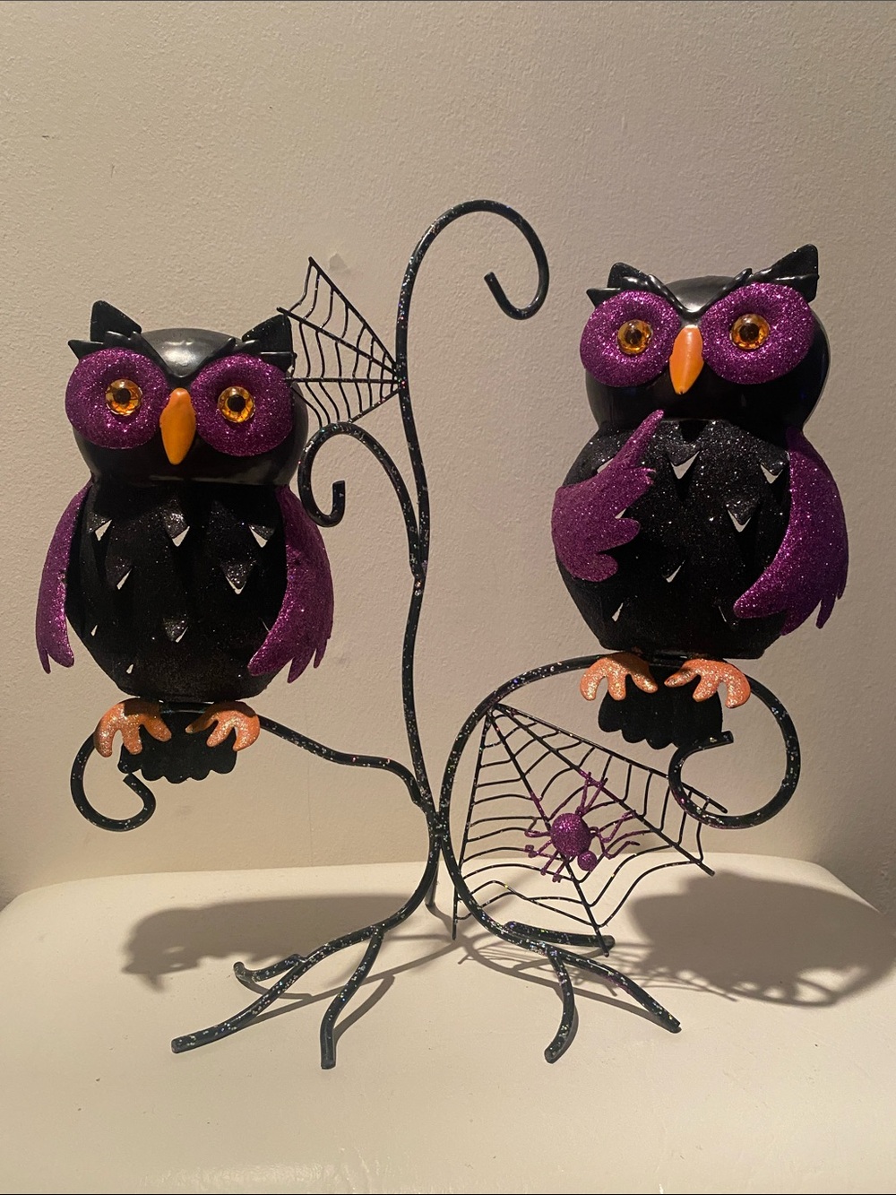 Purple / Black Glitter Owl Halloween Candle Holder